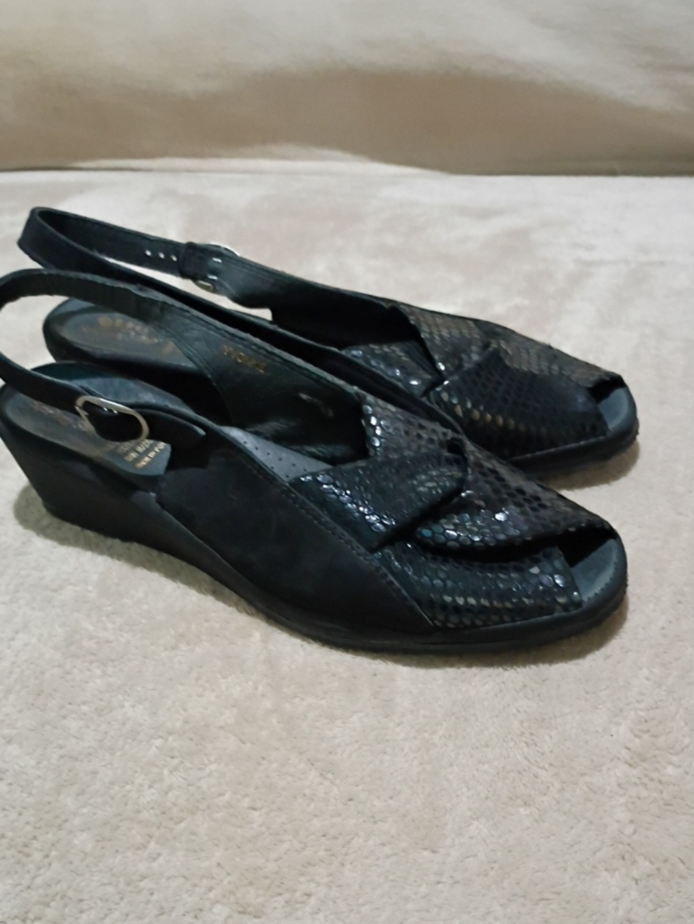 New Condition Spring Step Black Peep-Toe Slingback Wedges